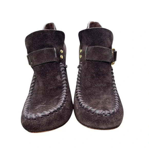 TORY BURCH Belen Suede Ankle Stiletto Booties Brown Buckle Women’s Size 10.5